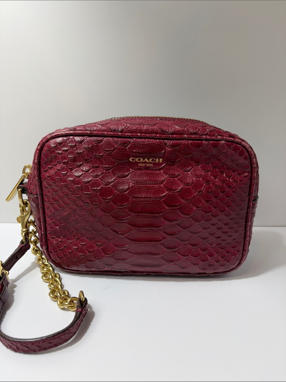 Vintage COACH Wine Python-Embossed Leather wristlet bag with Gold Chain